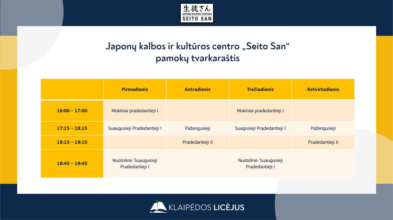 Japonų kalbos pamokos tvarkaraštis